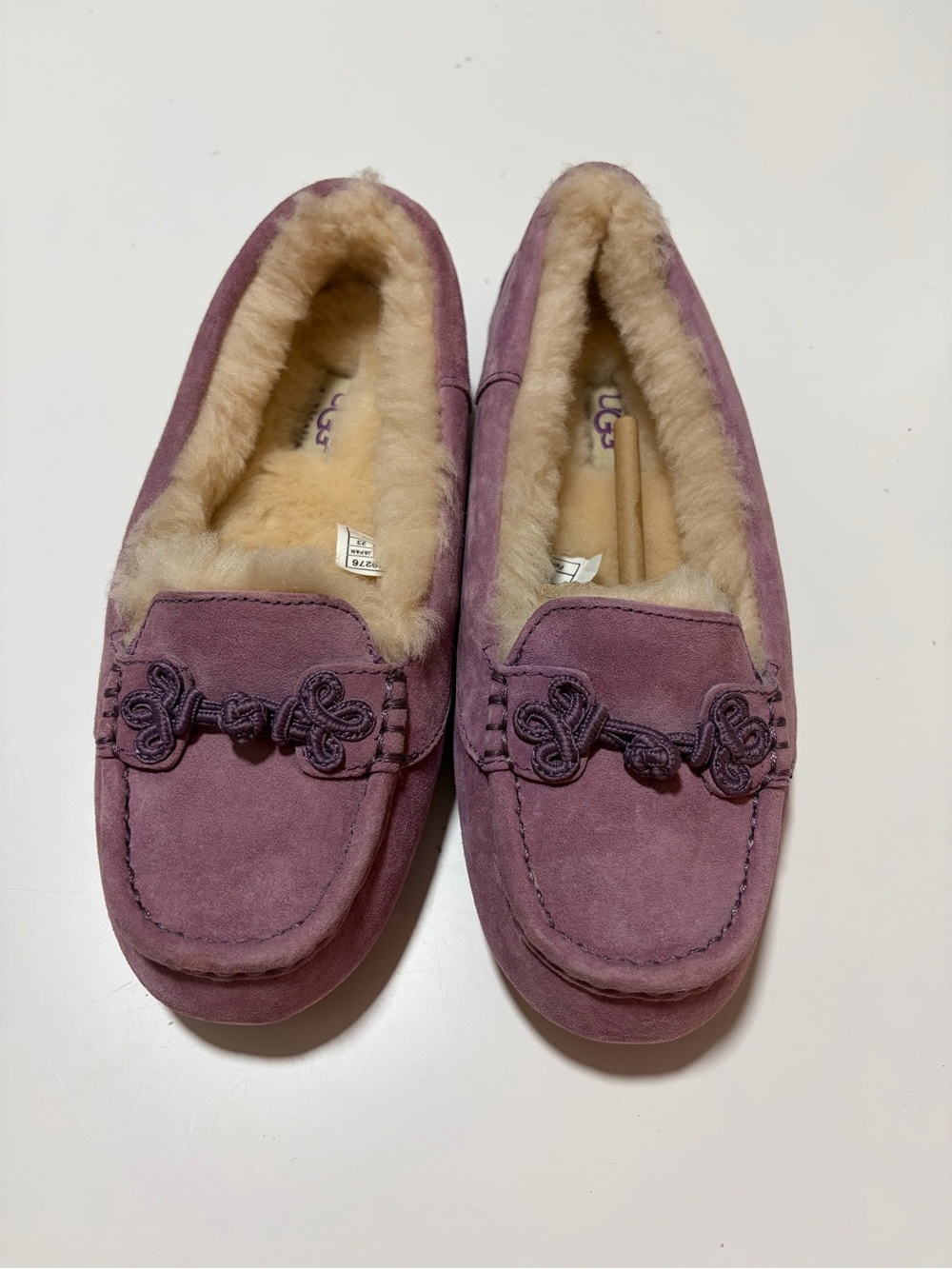 UGG Pink Suede Sheepskin-Lined Moccasin Slippers